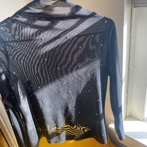 Sheer black mock neck long sleeve top with rhinestones